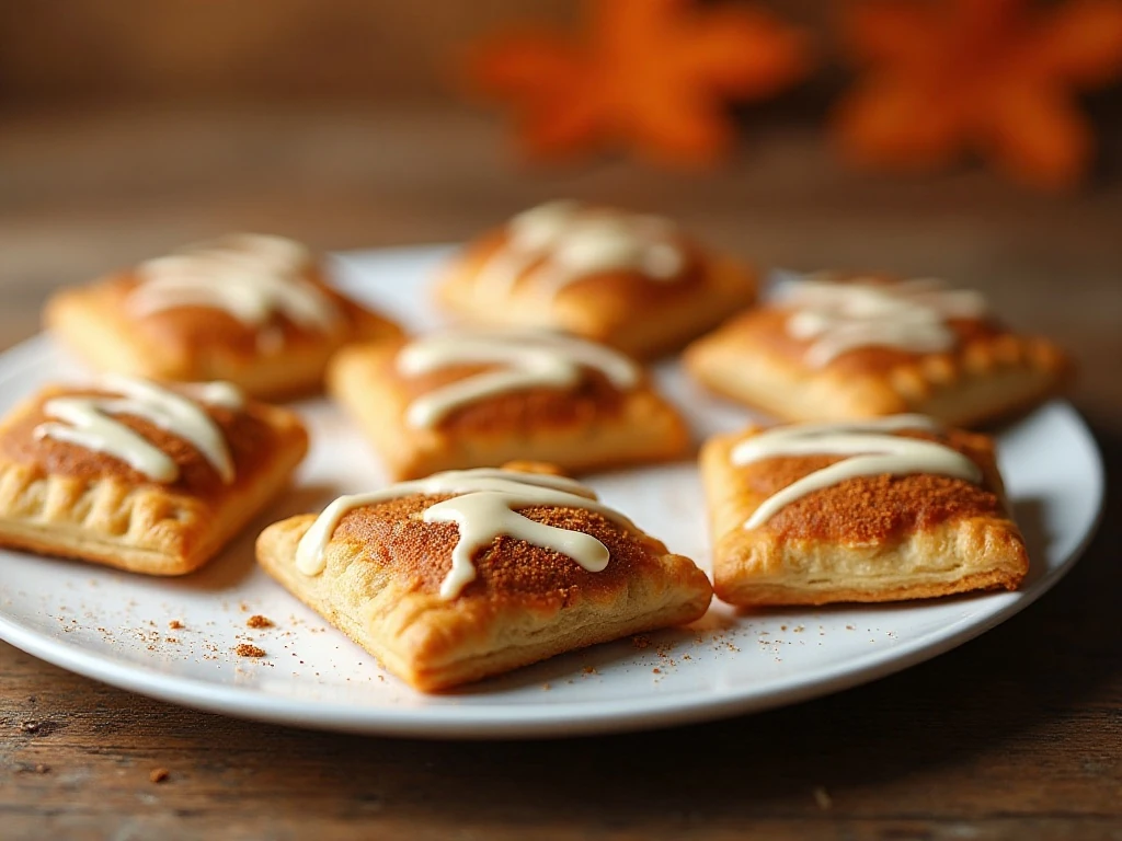 Golden homemade pumpkin pop-tarts arranged on a platter with vanilla glaze