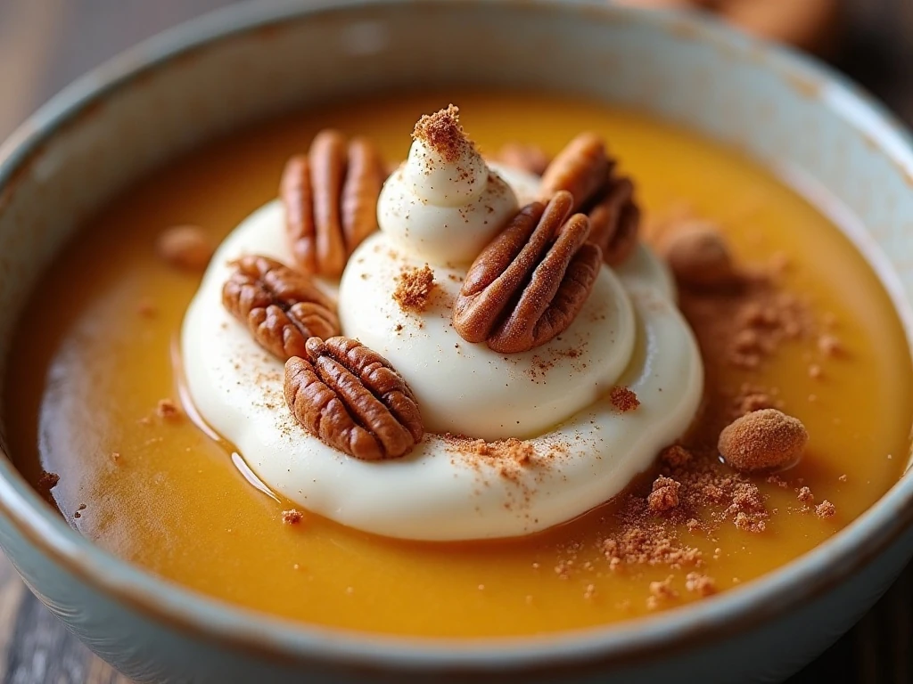 Pumpkin pudding topped with whipped cream pecans and gingersnap crumbs