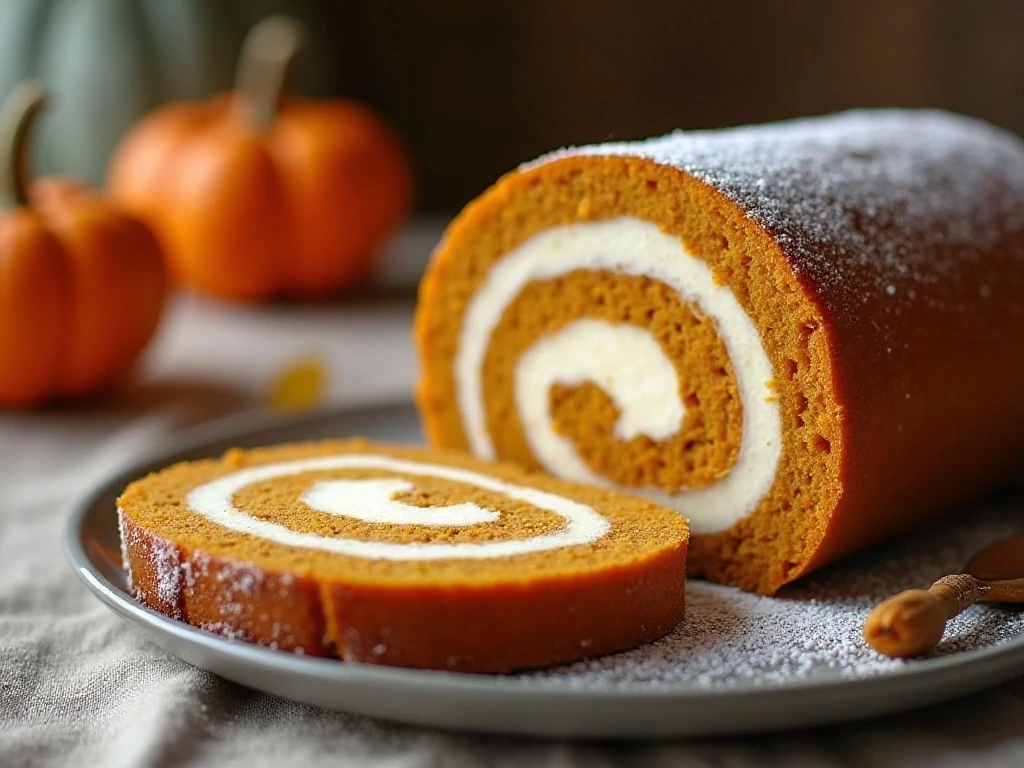 Sliced homemade pumpkin roll with cream-cheese filling on a fall dessert table