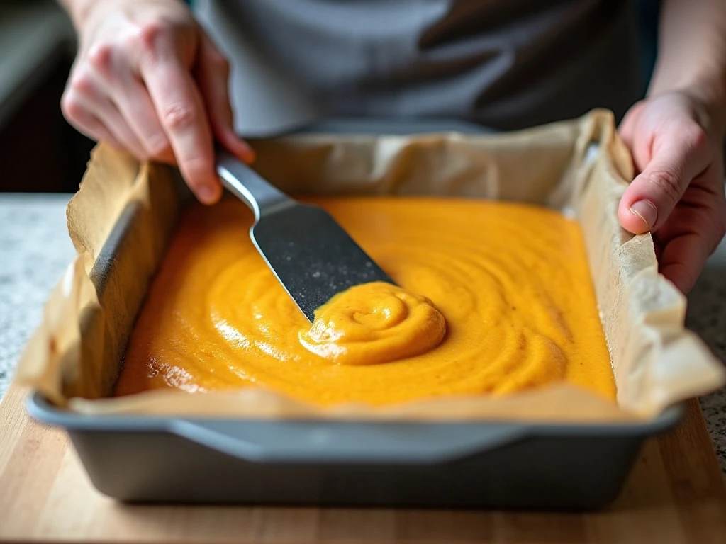 Pumpkin roll batter being spread in a parchment-lined jelly-roll pan