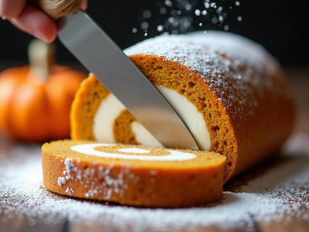 Clean slices of chilled pumpkin roll dusted with powdered sugar