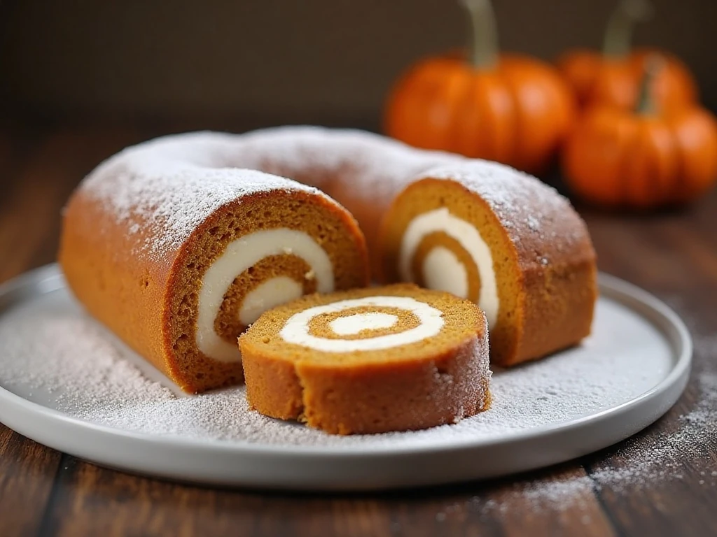 Finished homemade pumpkin roll ready to serve
