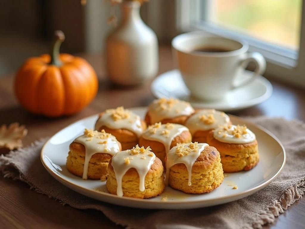 Golden homemade pumpkin scones arranged for a cozy breakfast
