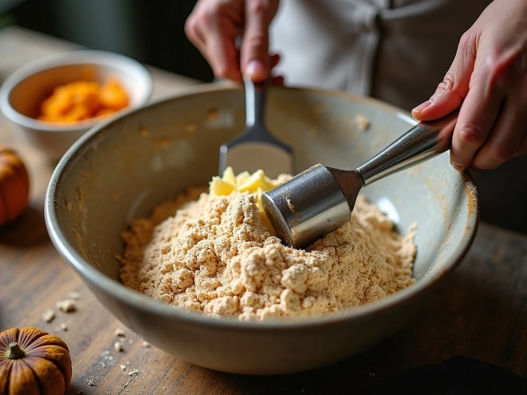 Cutting cold butter into flour for pumpkin scone dough