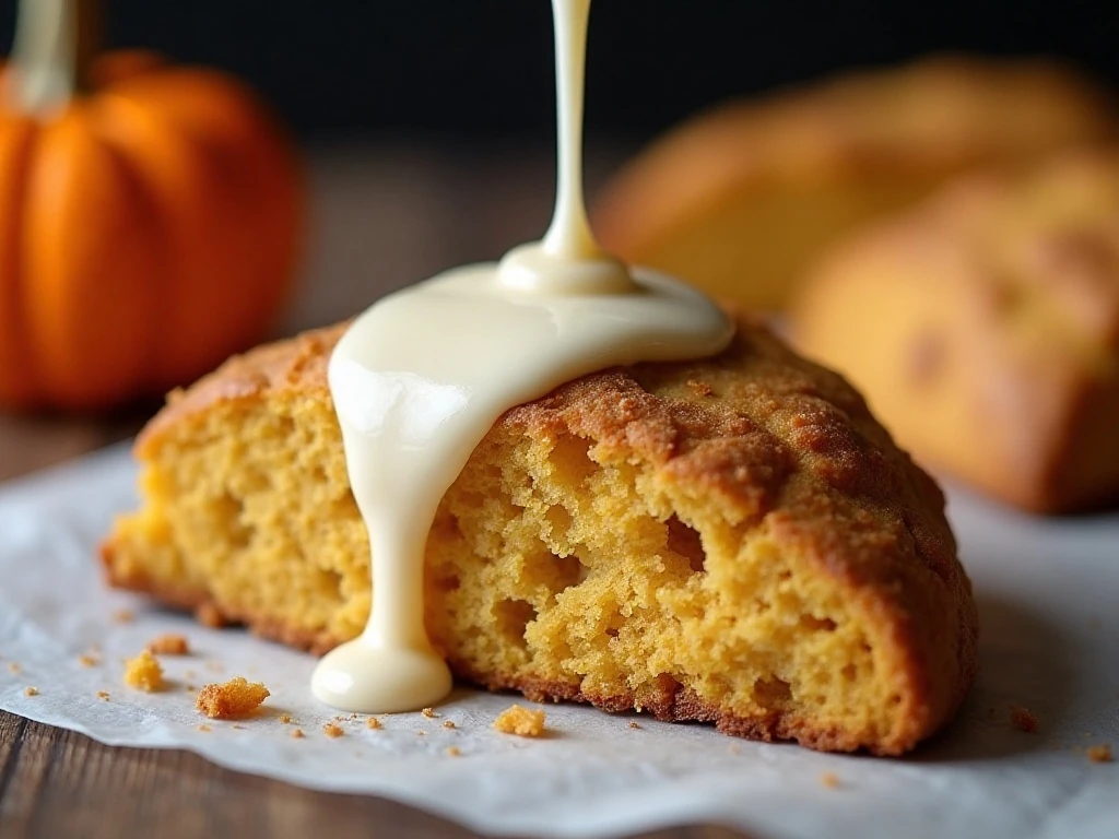 Vanilla glaze drizzled over a pumpkin scone