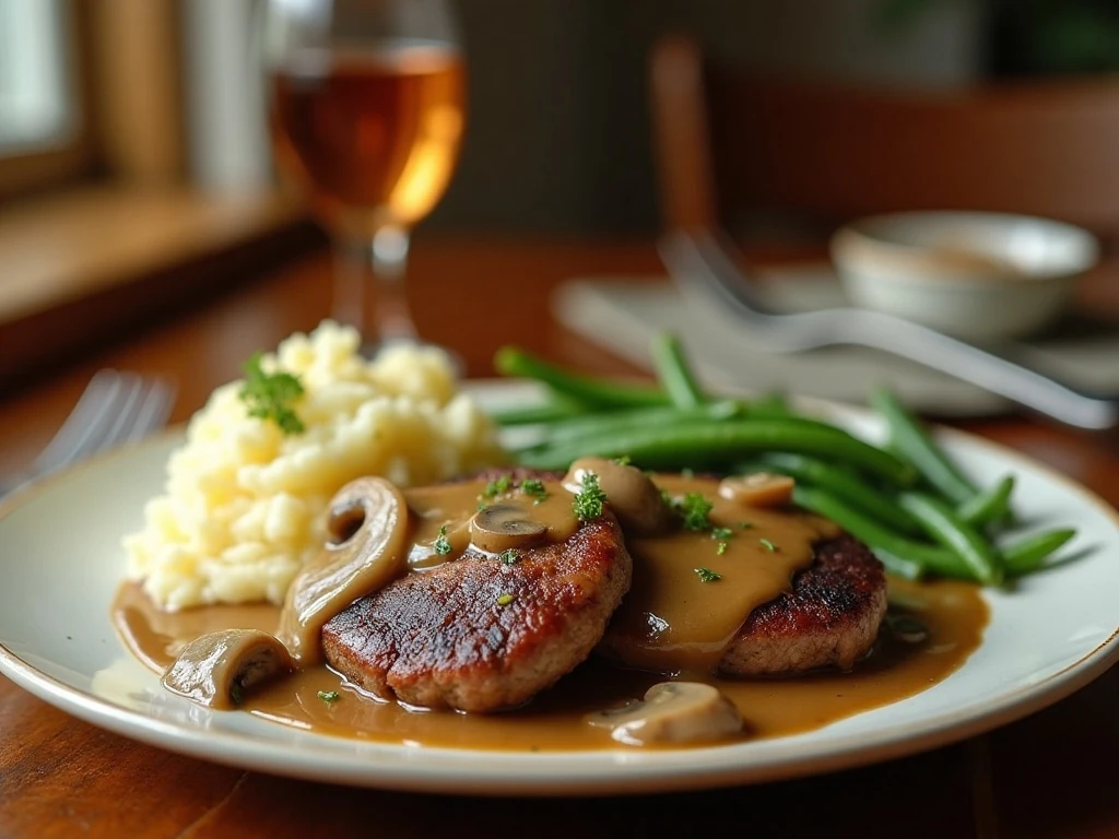 Homemade Salisbury steak with onion mushroom gravy, mashed potatoes, and green beans