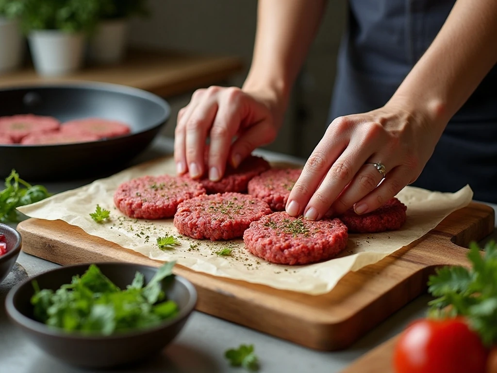 Shaping seasoned ground beef patties for Salisbury steak