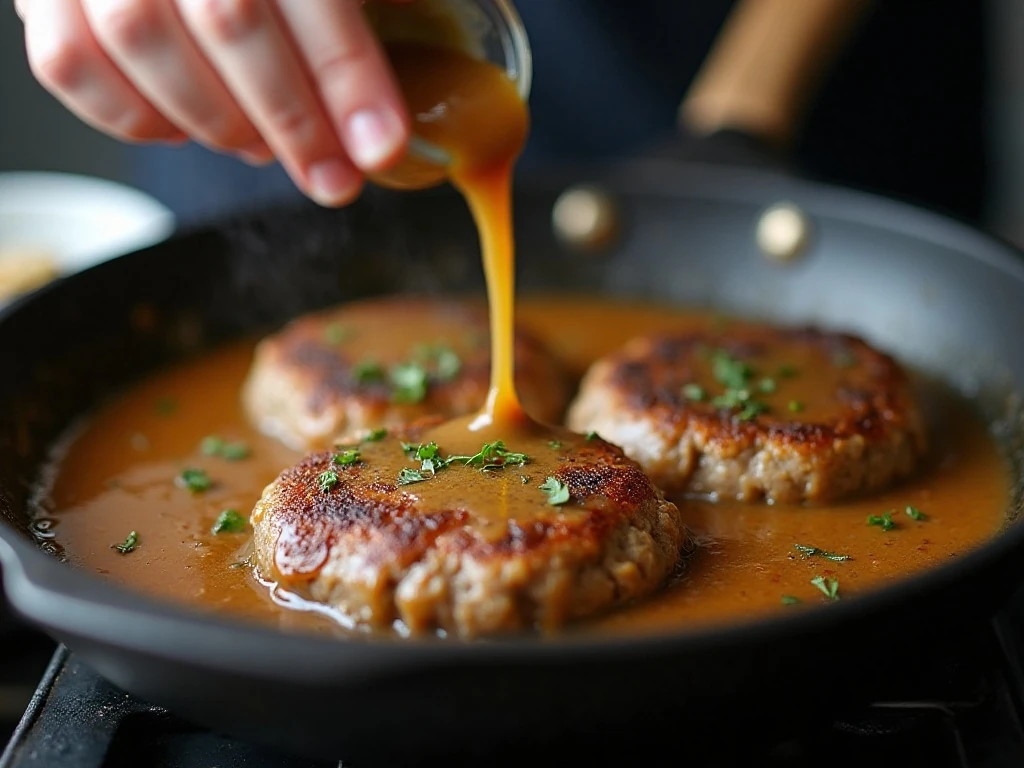 Salisbury steak patties simmering in onion mushroom gravy