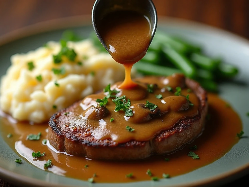Salisbury steak topped with mushroom gravy and served with side dishes