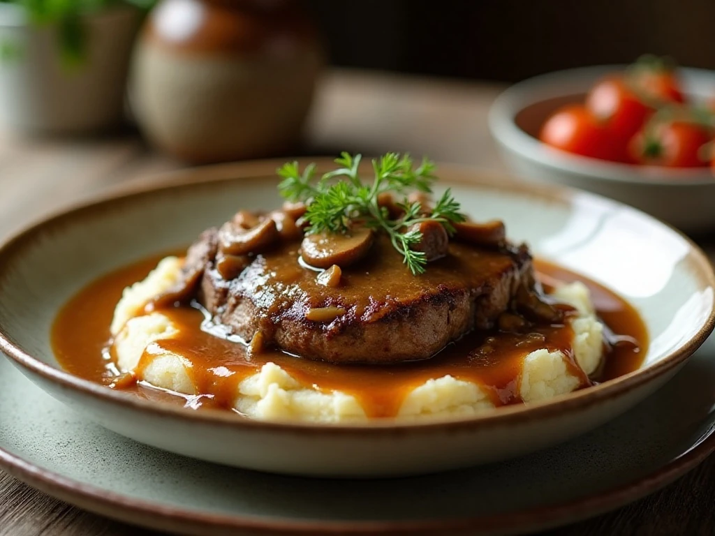 Reheated Salisbury steak with gravy over mashed potatoes