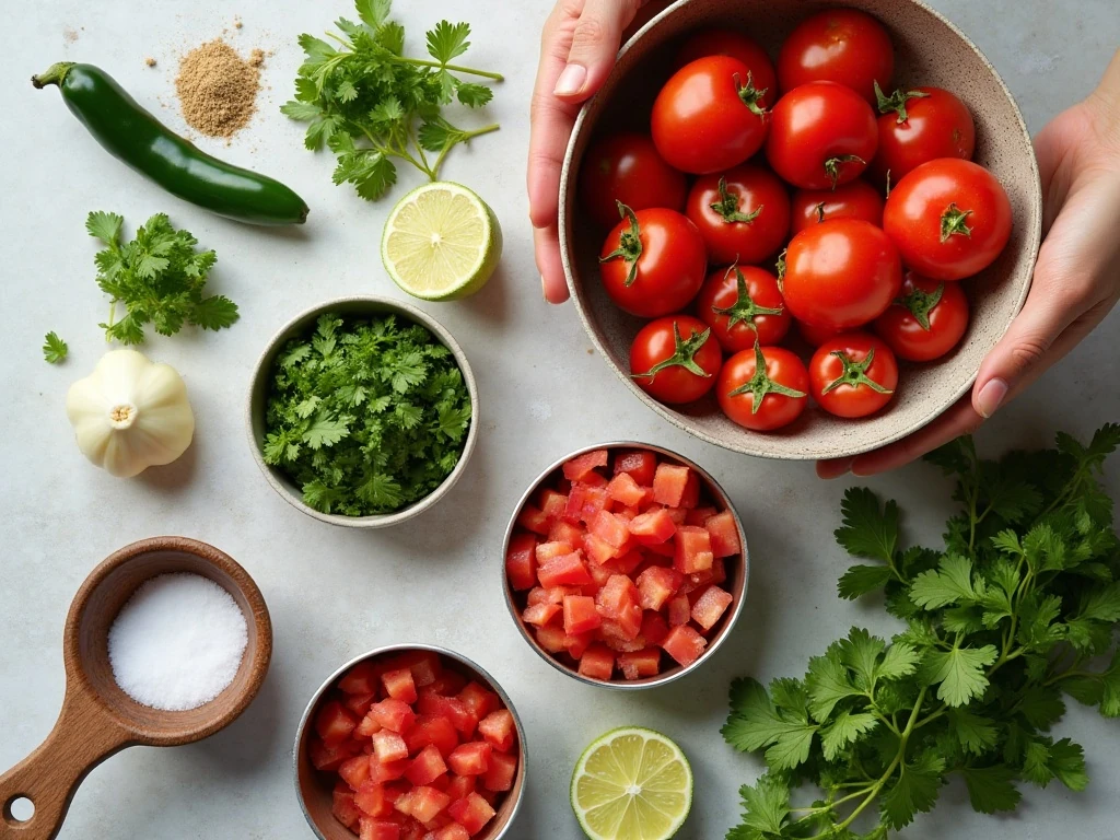 Ingredients for quick homemade salsa arranged on a counter