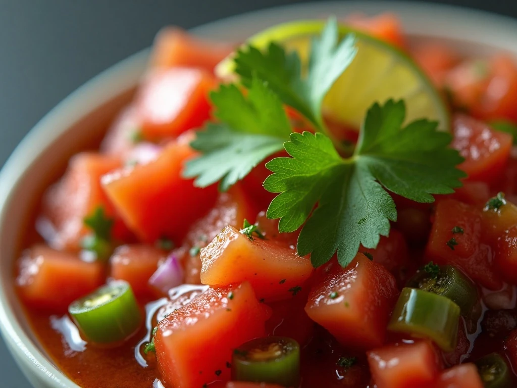 Close-up of chunky salsa texture with cilantro and lime
