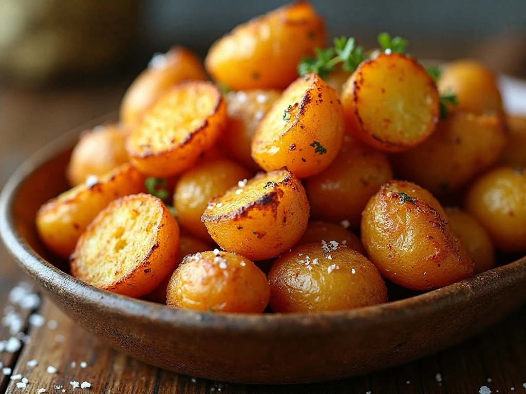 Crispy salt and vinegar broiled potatoes served on a platter
