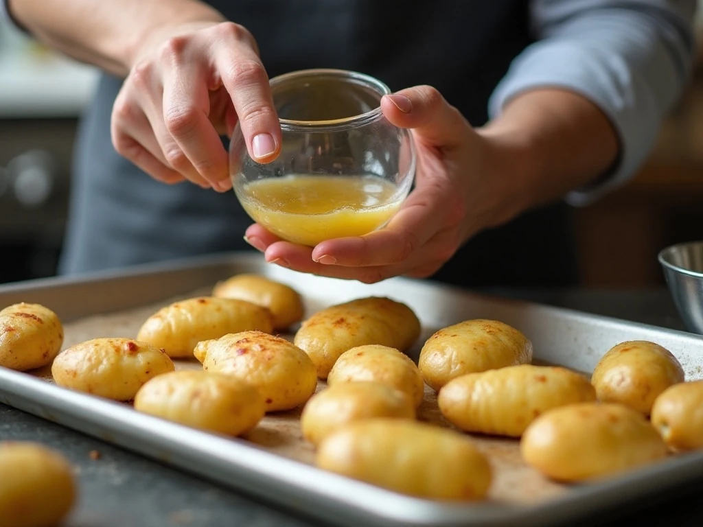 Flattening simmered potatoes before broiling