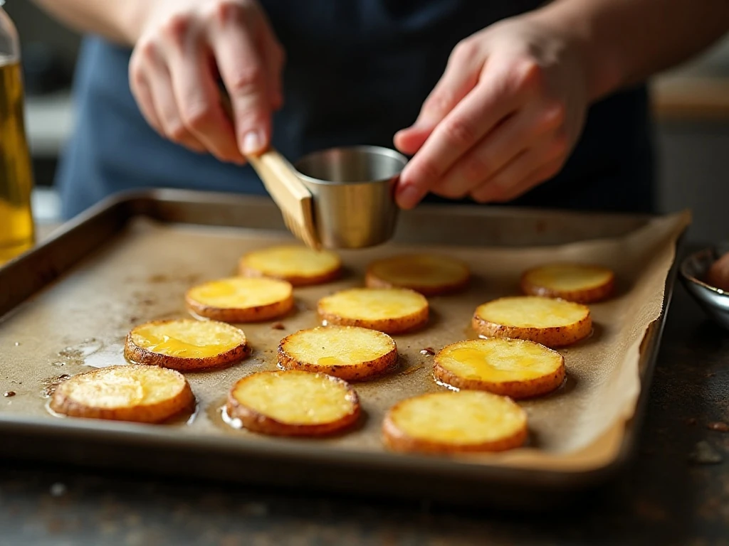 Oiled flattened potatoes prepared for maximum crispness