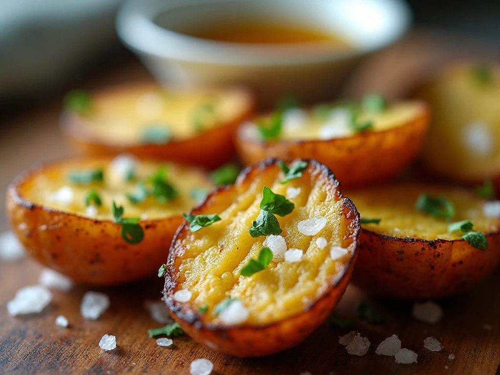 Flaky salt and herbs finishing crispy potato bites