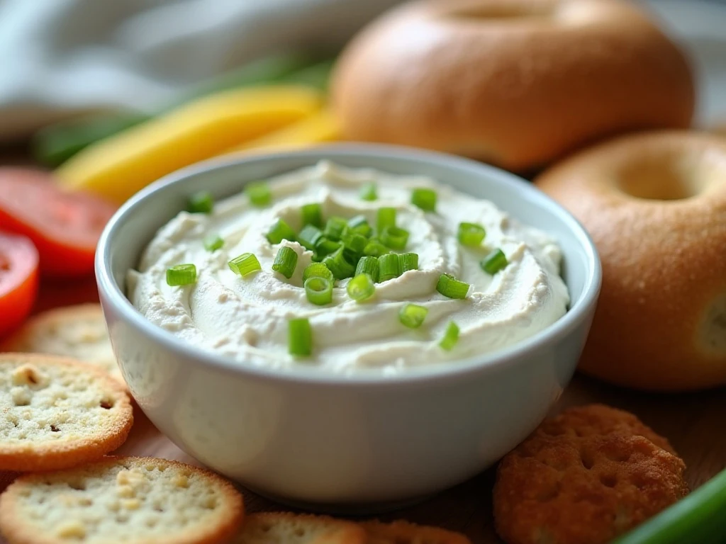 Homemade scallion cream cheese served with bagels, crackers, and vegetables