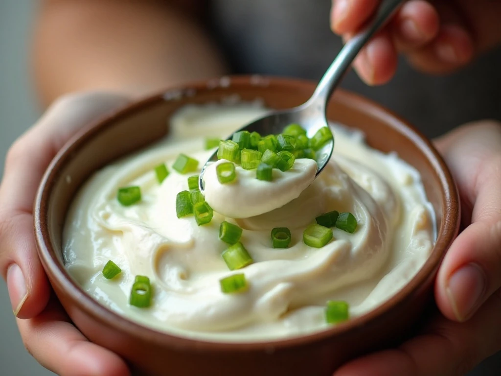 Mixing softened cream cheese with chopped scallions