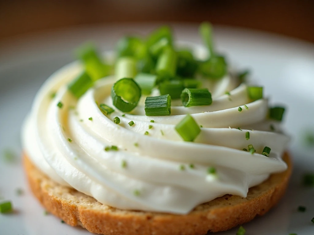 Close-up of smooth scallion cream cheese with finely chopped scallions