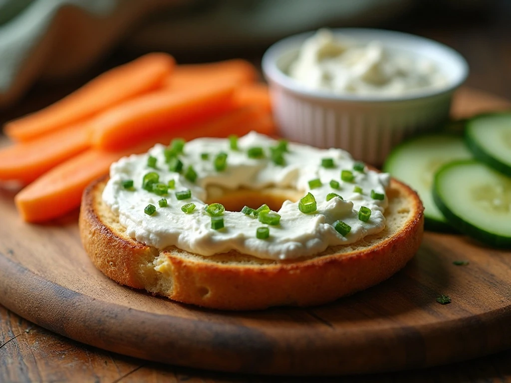 Scallion cream cheese served with a toasted bagel and fresh vegetables