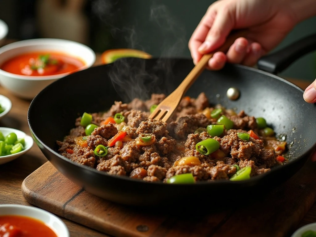 Ground beef and vegetables cooking in a skillet for Sloppy Joes