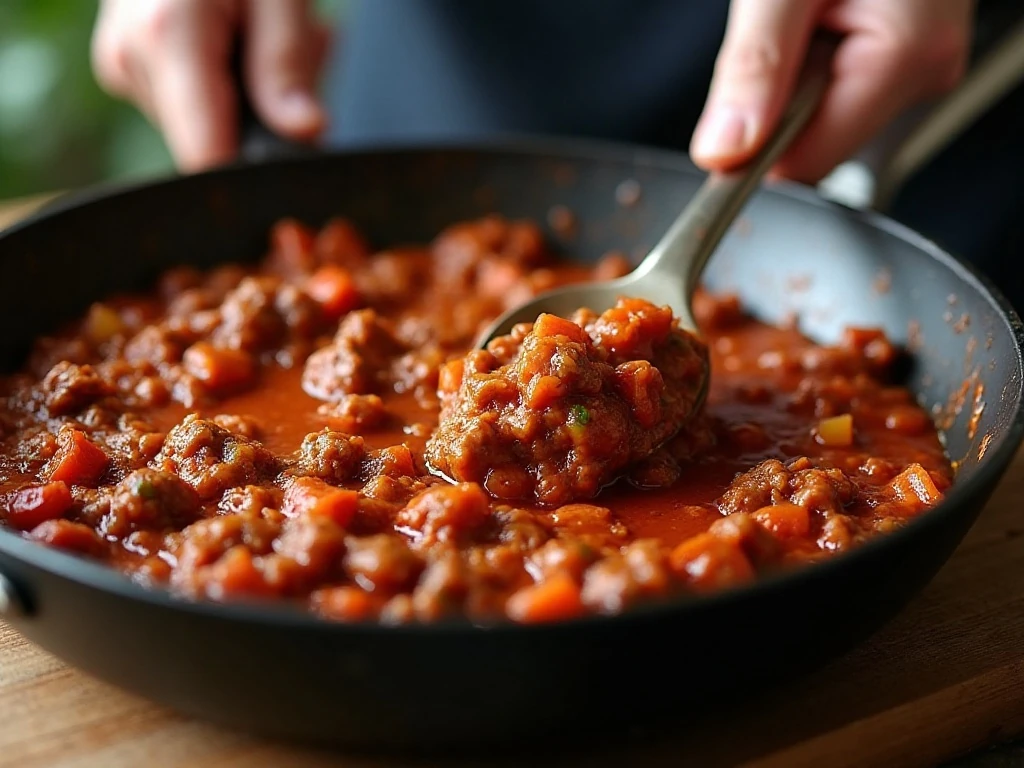Thick glossy Sloppy Joe filling simmering in a skillet