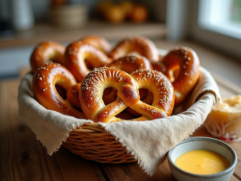 A basket of golden homemade soft pretzels served with mustard and cheese sauce