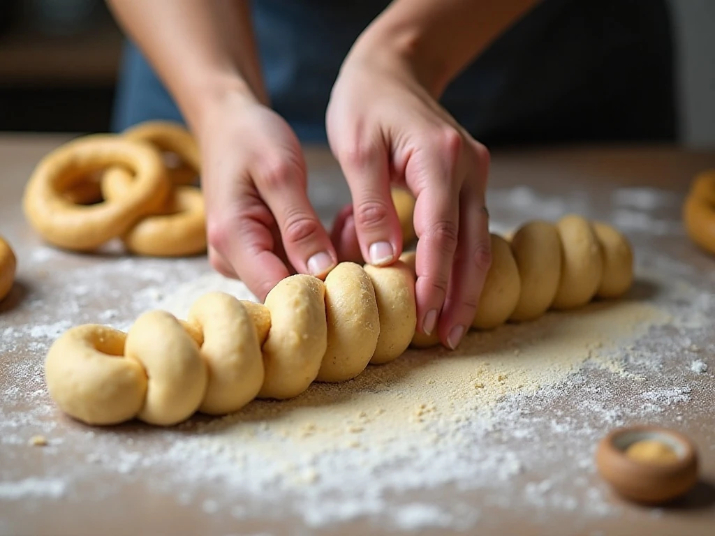 Shaping homemade soft pretzel dough into a classic twist