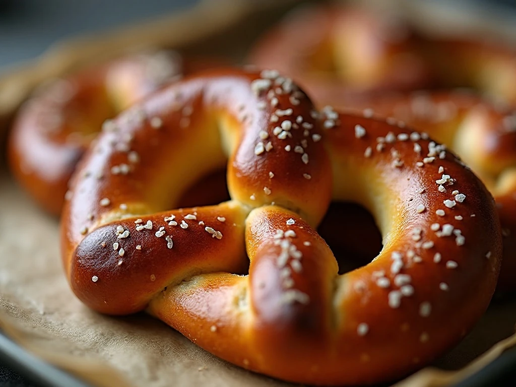 Close-up of the glossy salted crust and soft interior of a homemade pretzel