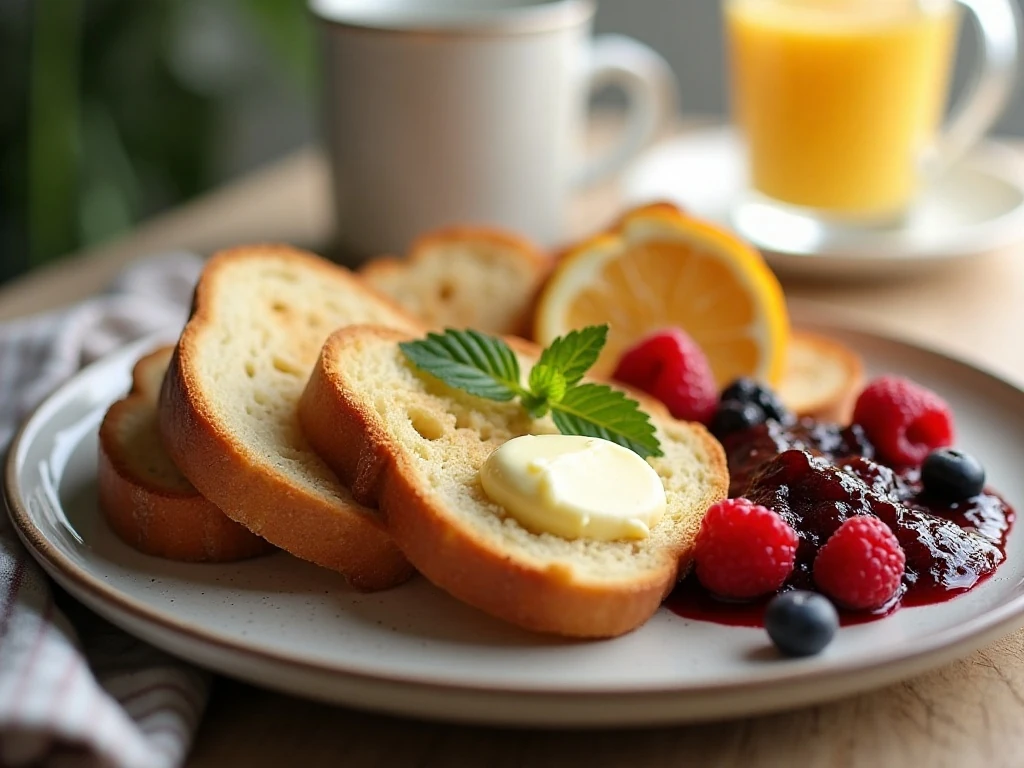 Fresh homemade soft white bread served with butter and berries