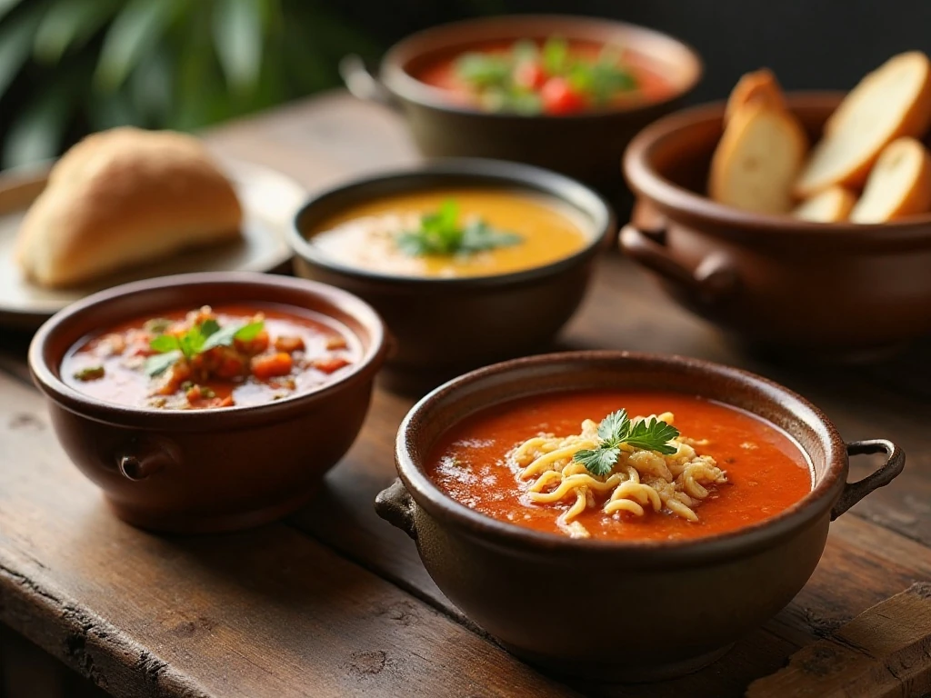 Four comforting homemade soups arranged for a cozy dinner