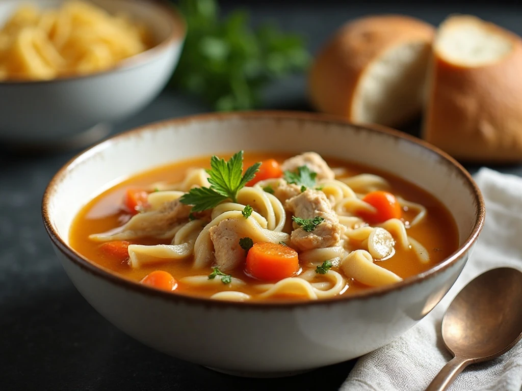 Chicken noodle soup ready for serving and storage