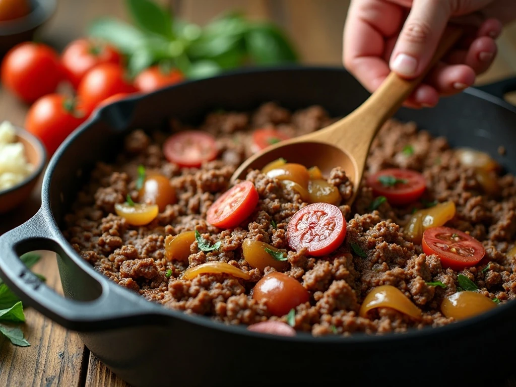 Browning meat and aromatics for homemade spaghetti sauce