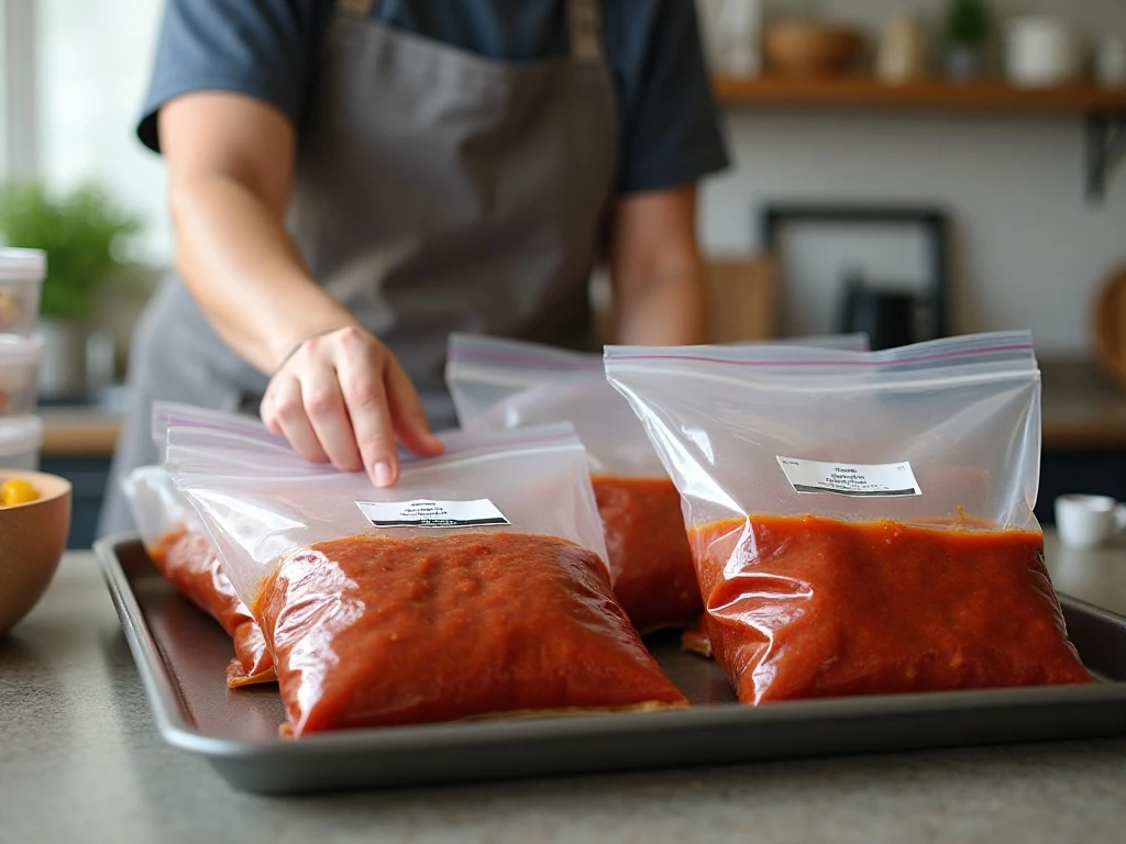 Portioned homemade spaghetti sauce ready for the freezer