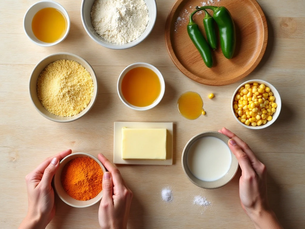Ingredients for homemade spicy honey cornbread muffins