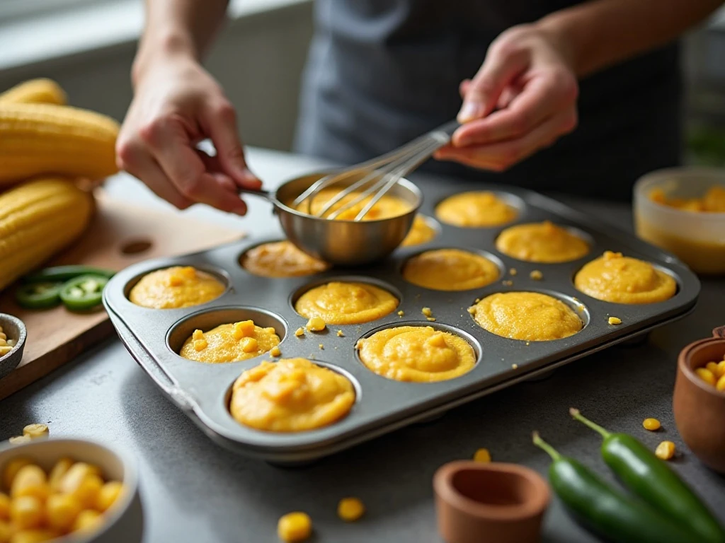 Cornbread muffin batter portioned in a muffin pan