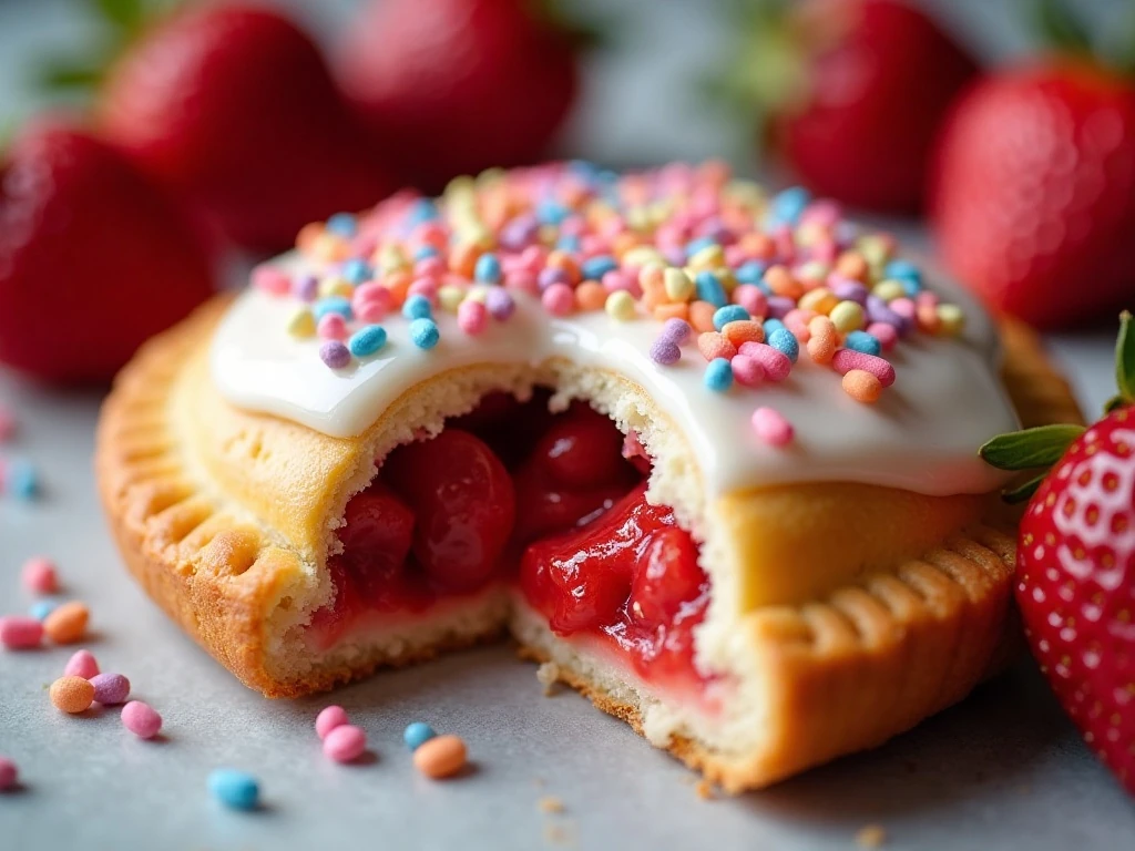 Close-up of glazed strawberry pop-tart with jam filling