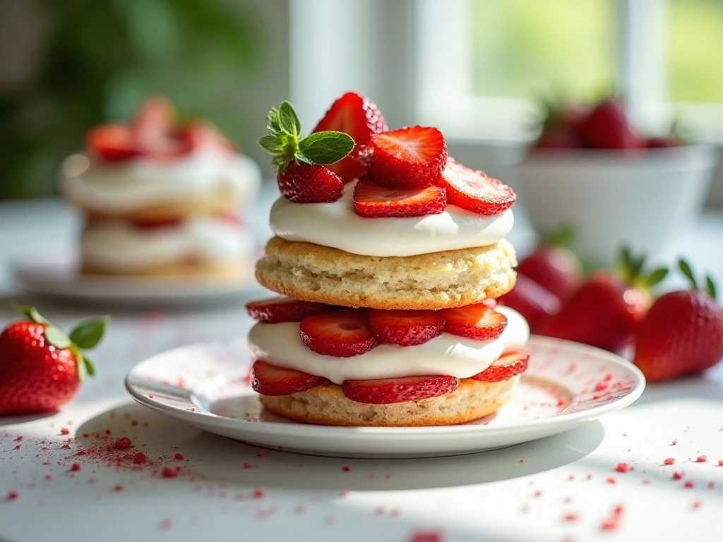 Homemade strawberry shortcake biscuits layered with strawberries and whipped cream