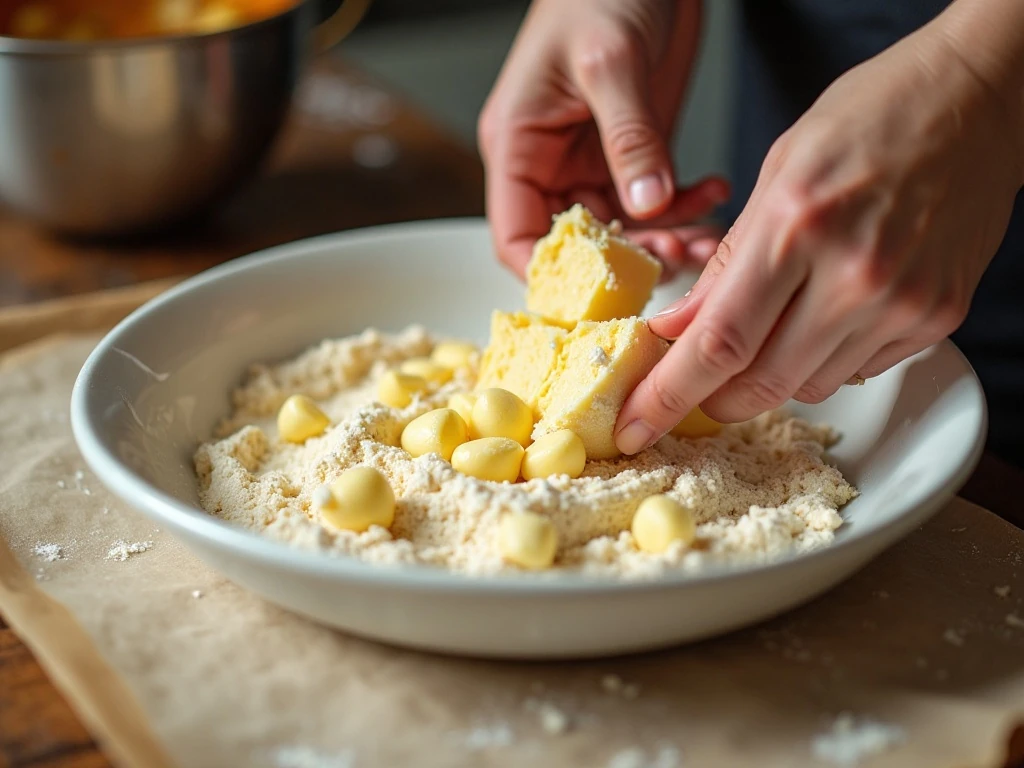 Cutting cold butter into flour for strawberry shortcake dough