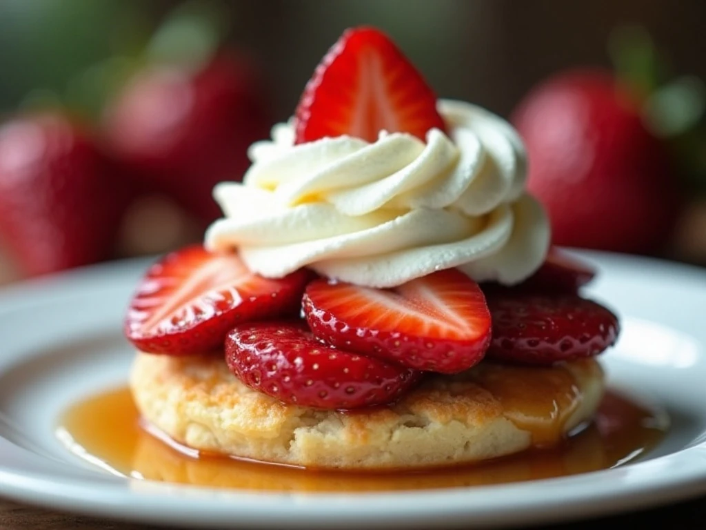Close-up strawberry shortcake with whipped cream and berry garnish