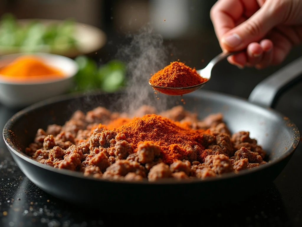 Seasoned taco meat cooking in a skillet