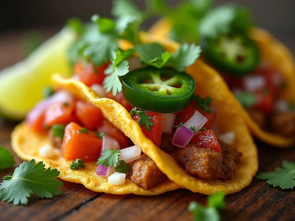 Close-up of a taco topped with fresh cilantro, jalapeño, salsa, and lime