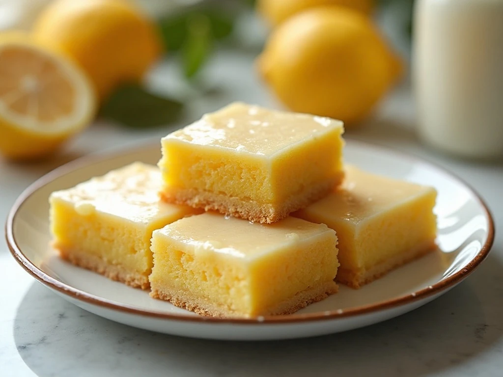 Thick homemade lemon brownies with glossy lemon glaze