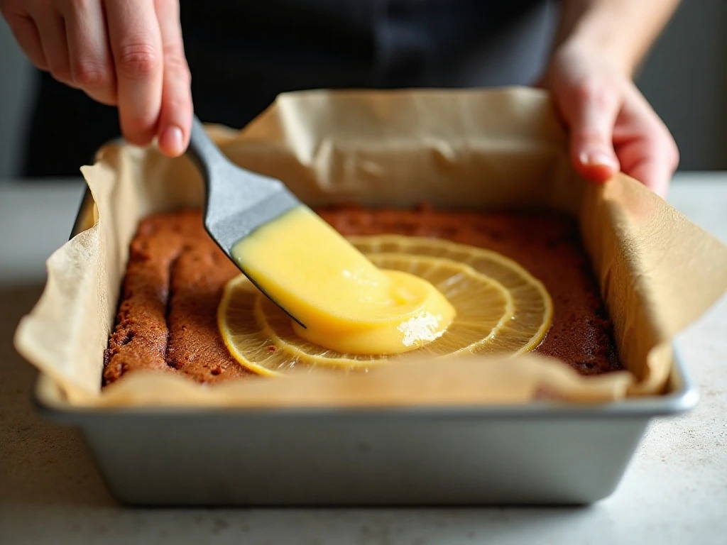 Lemon brownie batter spread in a parchment-lined baking pan
