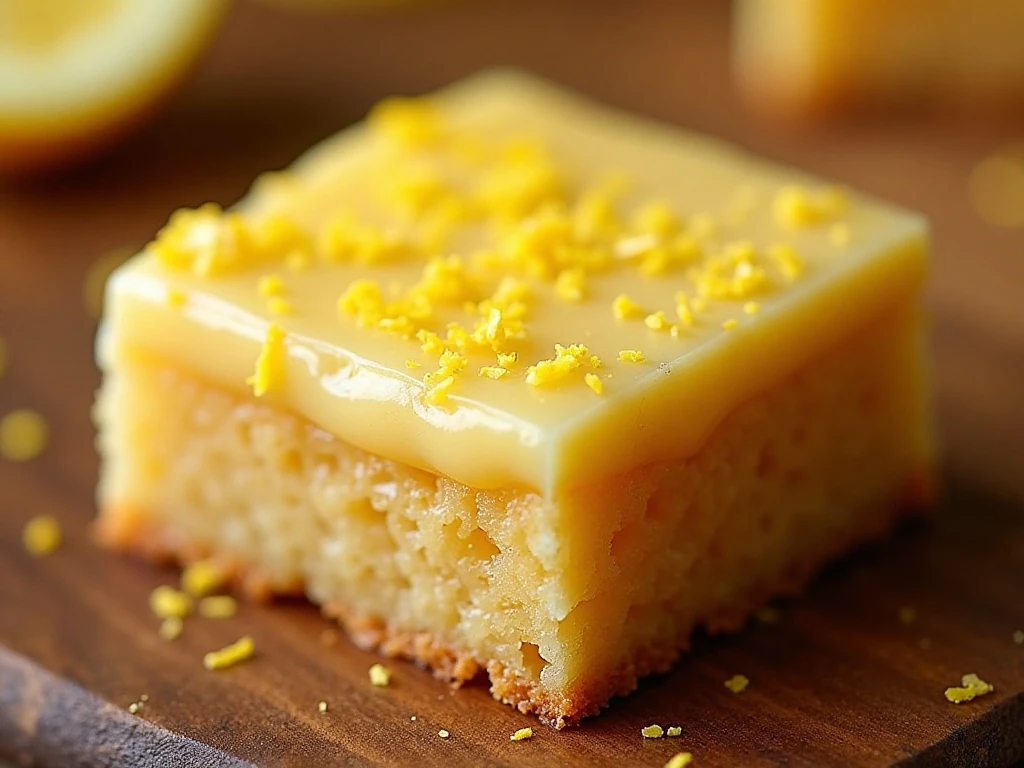 Close-up of fudgy lemon brownie texture and lemon glaze
