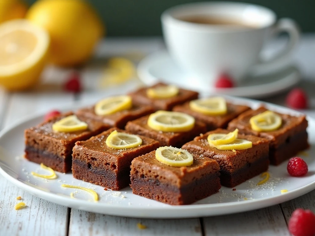Lemon brownies served with berries and coffee