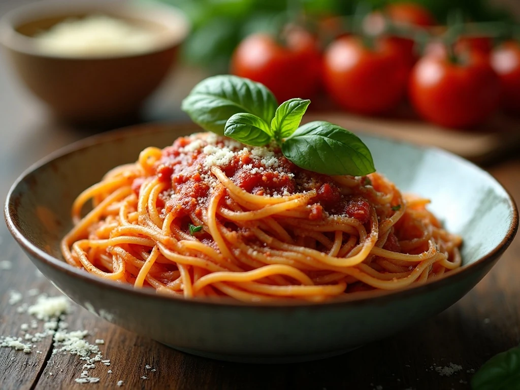 Spaghetti served with homemade tomato basil sauce and fresh basil