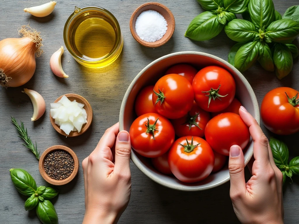 Ingredients for easy homemade tomato basil sauce