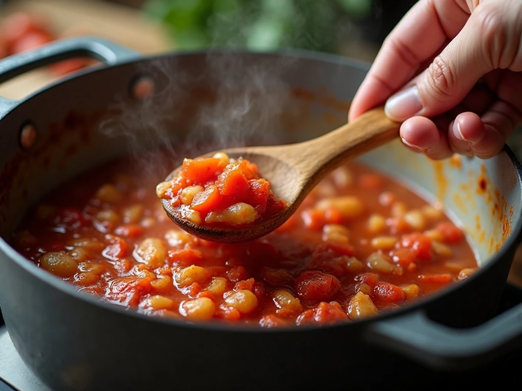 Tomato basil sauce simmering with onion and garlic in a Dutch oven