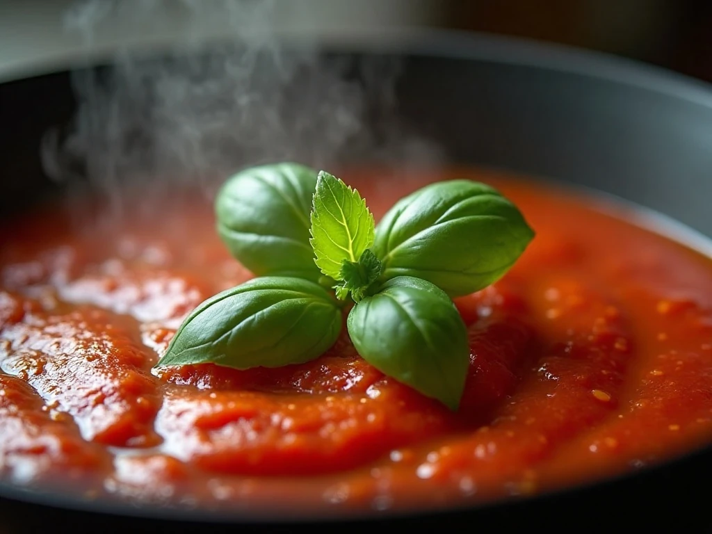 Fresh basil added to simmering tomato sauce